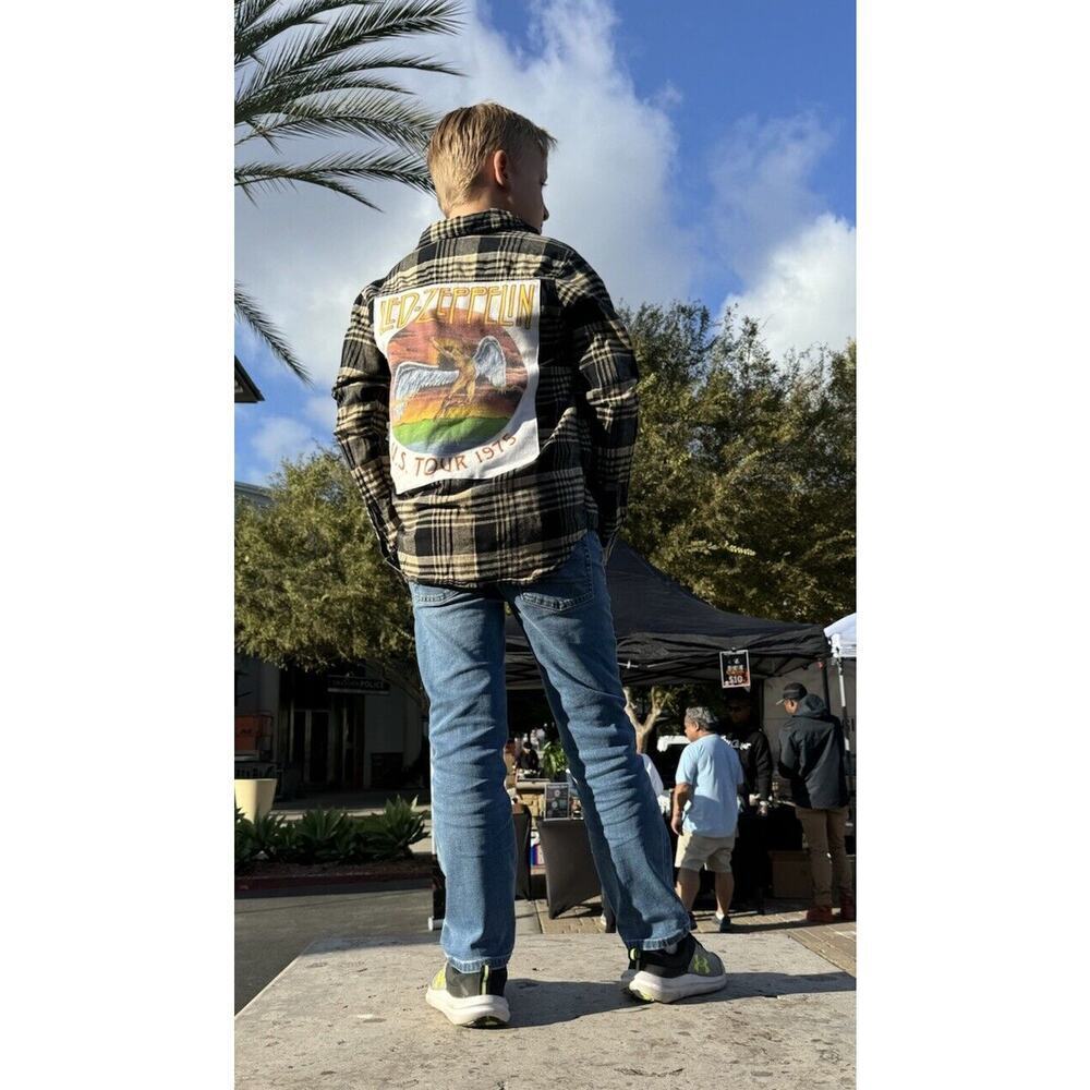 LED ZEPPELIN 70s Rock Retro Vintage Upcycled Plaid Flannel Kids Shirt Sz 10/12